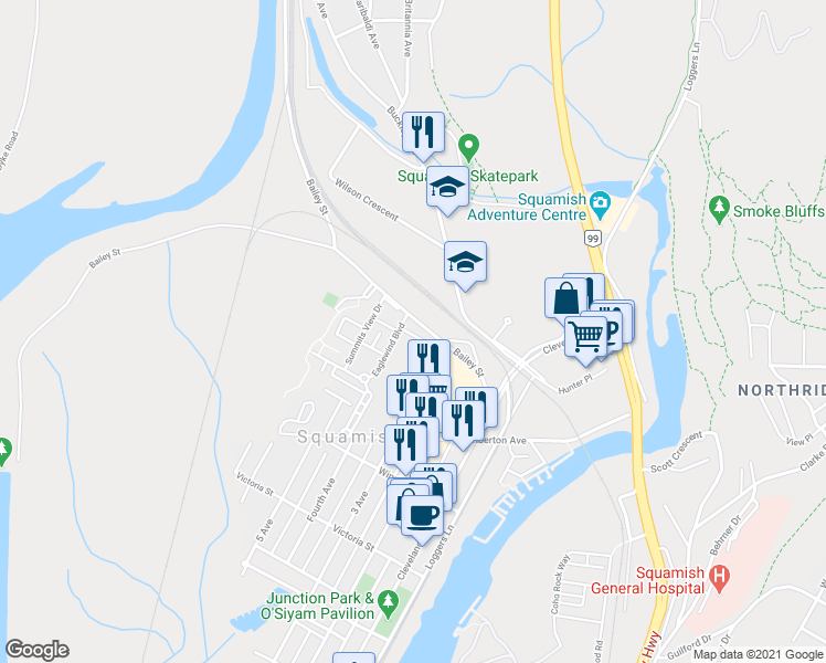 map of restaurants, bars, coffee shops, grocery stores, and more near 1255 Stonemount Place in Squamish