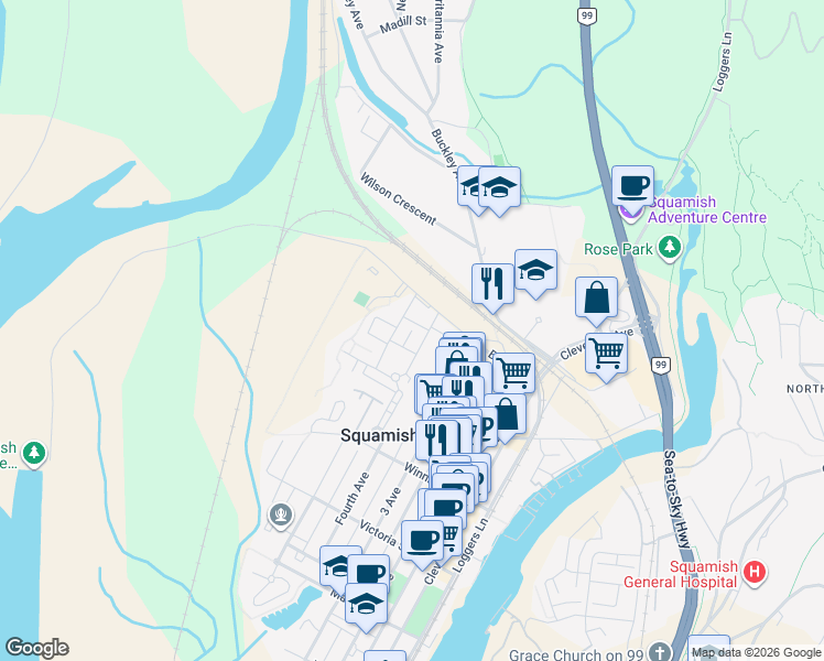 map of restaurants, bars, coffee shops, grocery stores, and more near Peaks PL in Squamish