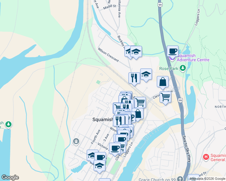map of restaurants, bars, coffee shops, grocery stores, and more near 1228 Brandywine Drive in Squamish