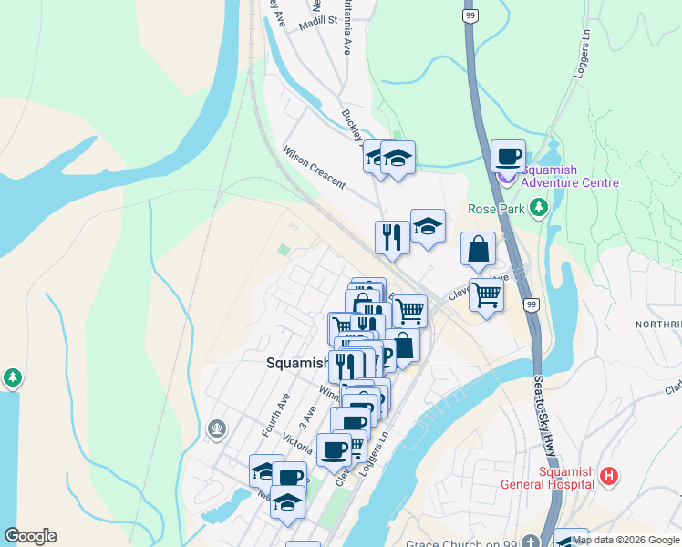 map of restaurants, bars, coffee shops, grocery stores, and more near Stonemount Place in Squamish