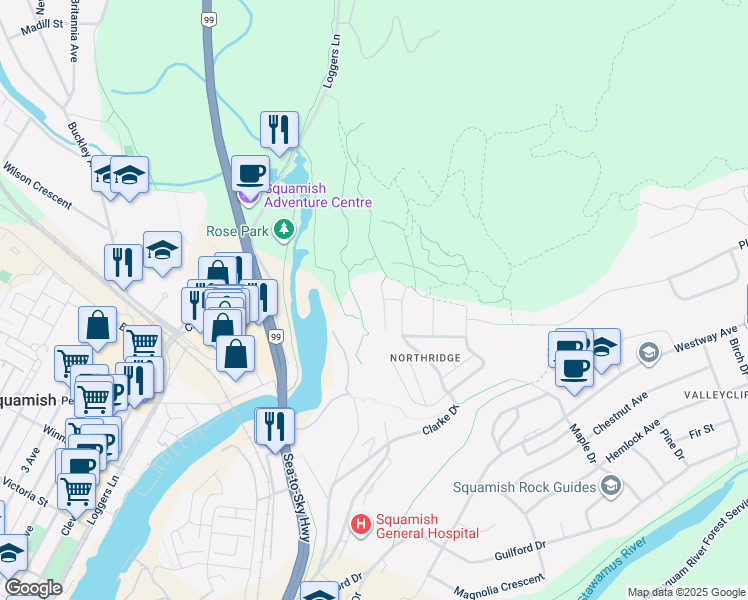 map of restaurants, bars, coffee shops, grocery stores, and more near 1005 Panorama Place in Squamish