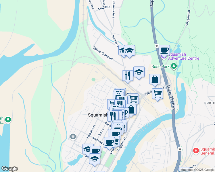 map of restaurants, bars, coffee shops, grocery stores, and more near Brandywine Drive in Squamish
