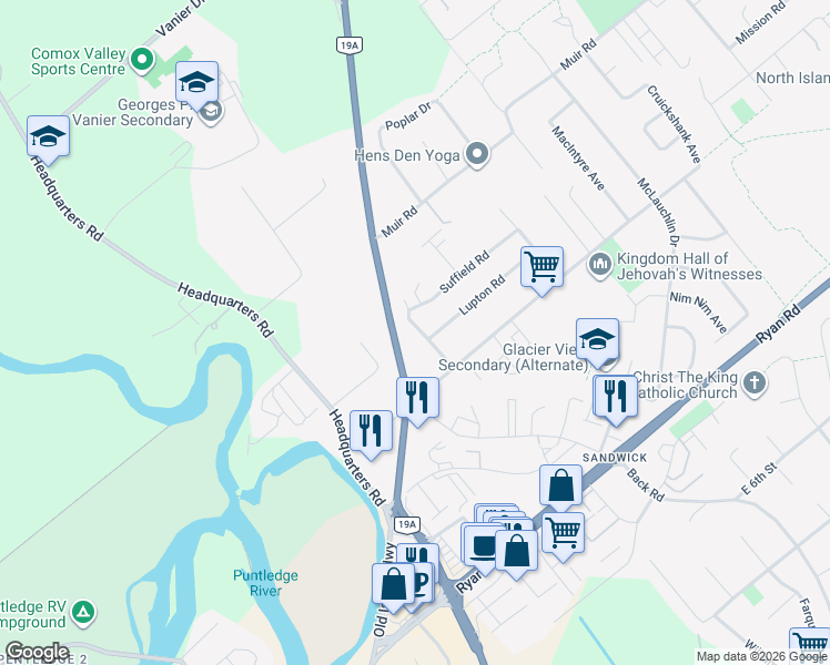 map of restaurants, bars, coffee shops, grocery stores, and more near 4659 McQuillan Road in Courtenay