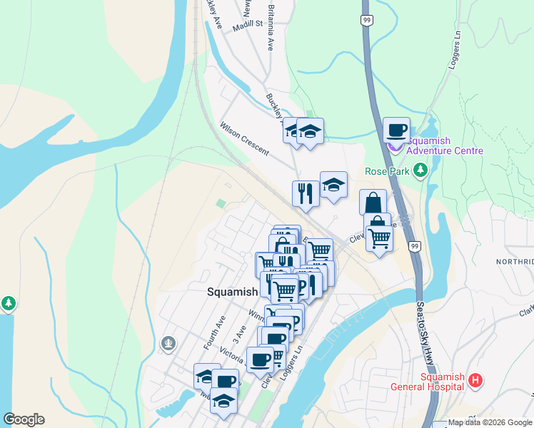 map of restaurants, bars, coffee shops, grocery stores, and more near 38375 Eaglewind Boulevard in Squamish