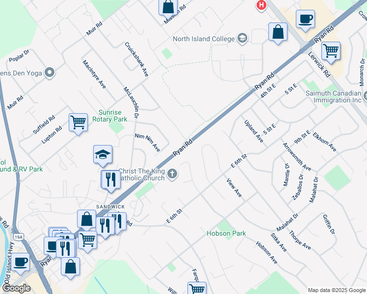 map of restaurants, bars, coffee shops, grocery stores, and more near 796 Ryan Road in Courtenay