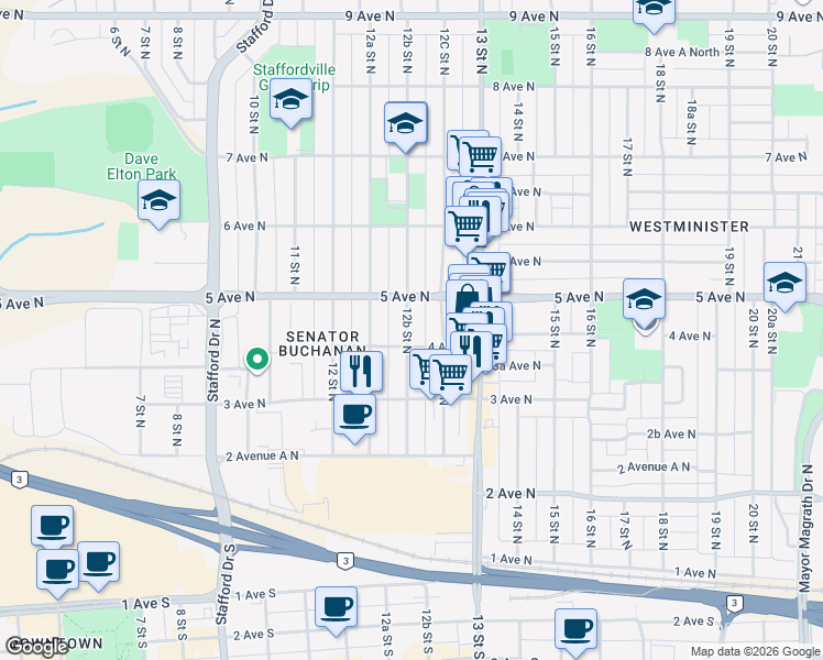 map of restaurants, bars, coffee shops, grocery stores, and more near 411 12B Street North in Lethbridge