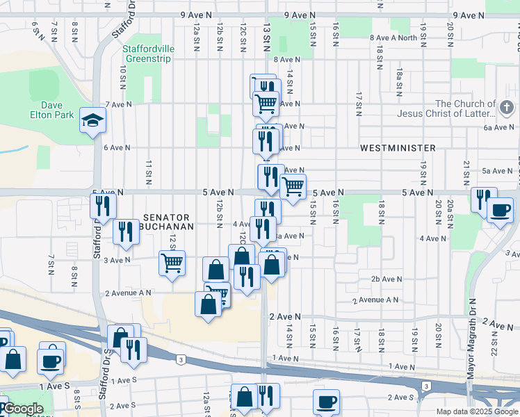 map of restaurants, bars, coffee shops, grocery stores, and more near 416 13 Street North in Lethbridge