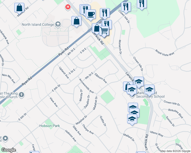 map of restaurants, bars, coffee shops, grocery stores, and more near 935 Elkhorn Avenue in Courtenay