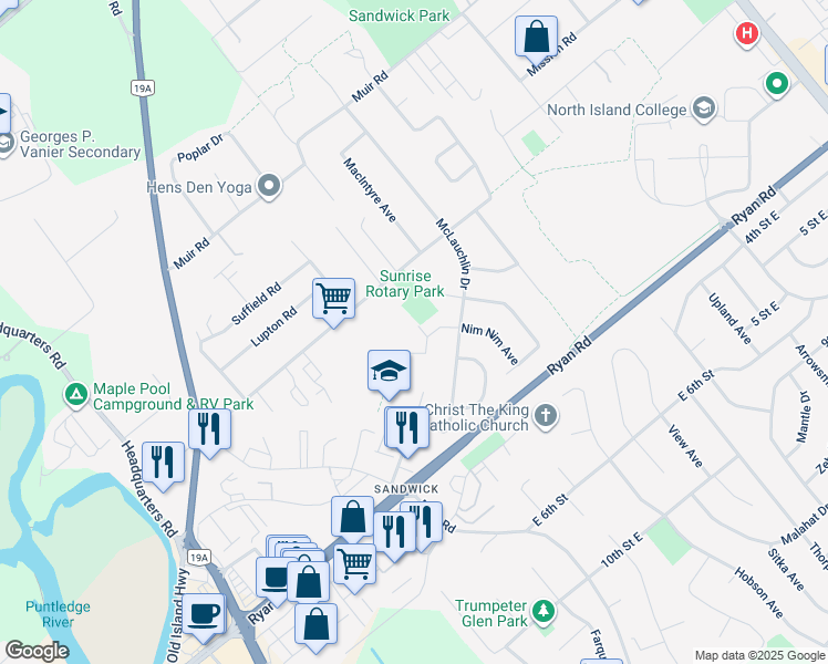 map of restaurants, bars, coffee shops, grocery stores, and more near 289 Nim Nim Place in Courtenay