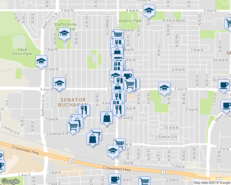 map of restaurants, bars, coffee shops, grocery stores, and more near 416 13 Street North in Lethbridge