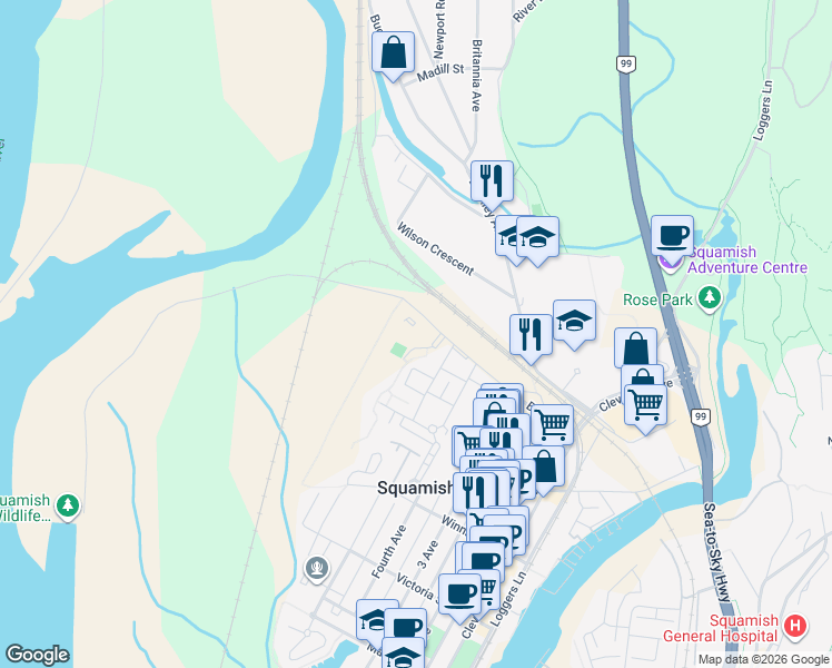 map of restaurants, bars, coffee shops, grocery stores, and more near 1150 Bailey Street in Squamish