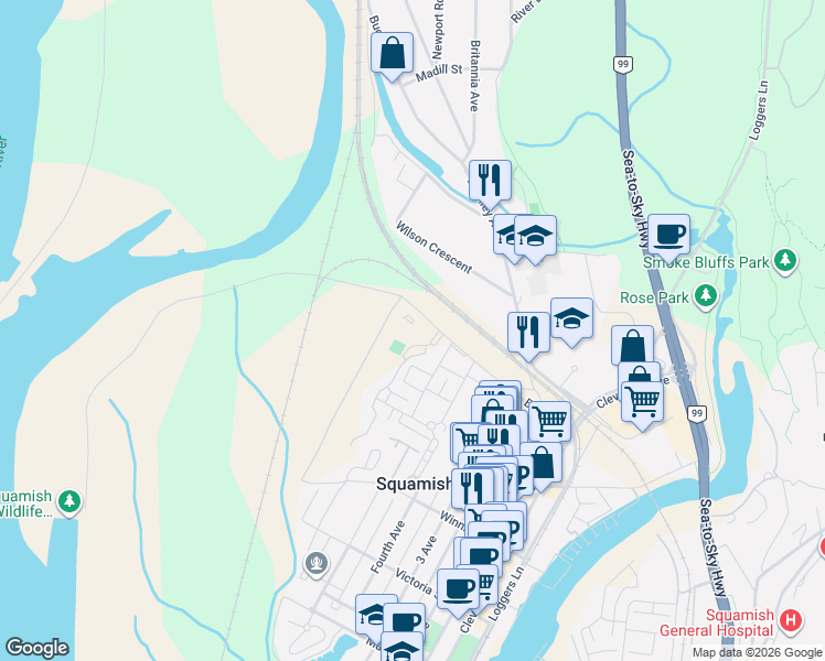 map of restaurants, bars, coffee shops, grocery stores, and more near 1150 Bailey Street in Squamish