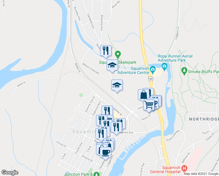 map of restaurants, bars, coffee shops, grocery stores, and more near 38357 Buckley Avenue in Squamish