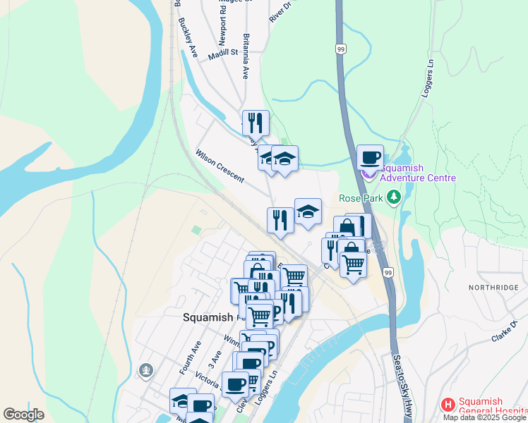 map of restaurants, bars, coffee shops, grocery stores, and more near 38357 Buckley Avenue in Squamish