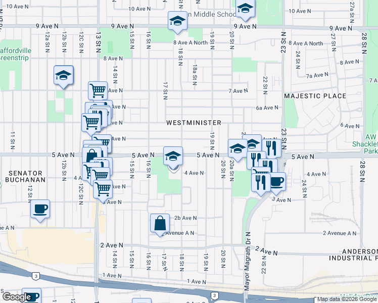 map of restaurants, bars, coffee shops, grocery stores, and more near 1811 5 Avenue North in Lethbridge