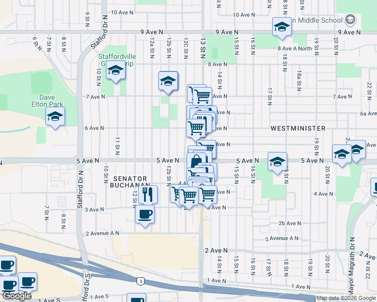 map of restaurants, bars, coffee shops, grocery stores, and more near 1262 5 Avenue North in Lethbridge