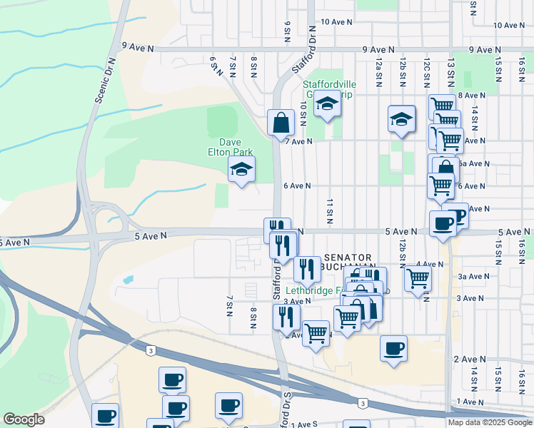 map of restaurants, bars, coffee shops, grocery stores, and more near 514 Stafford Drive North in Lethbridge