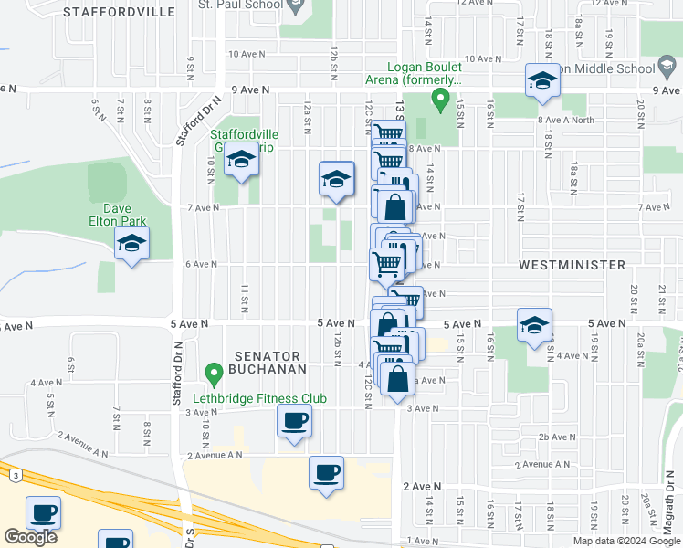 map of restaurants, bars, coffee shops, grocery stores, and more near 543 12B Street North in Lethbridge