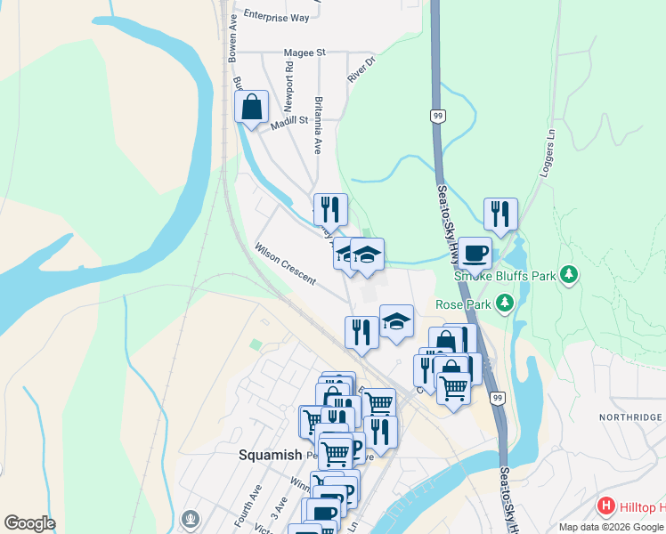 map of restaurants, bars, coffee shops, grocery stores, and more near 38447 Buckley Avenue in Squamish