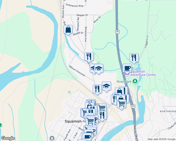 map of restaurants, bars, coffee shops, grocery stores, and more near 38447 Buckley Avenue in Squamish