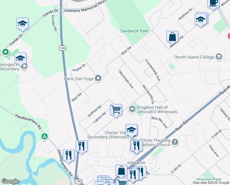 map of restaurants, bars, coffee shops, grocery stores, and more near 4665 Western Road in Courtenay