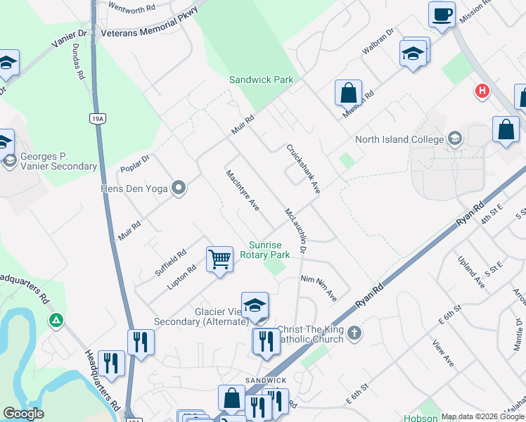 map of restaurants, bars, coffee shops, grocery stores, and more near 4644 Macintyre Avenue in Courtenay