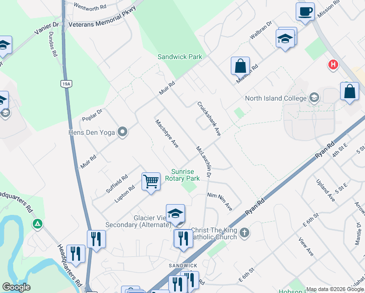 map of restaurants, bars, coffee shops, grocery stores, and more near 4644 Macintyre Avenue in Courtenay