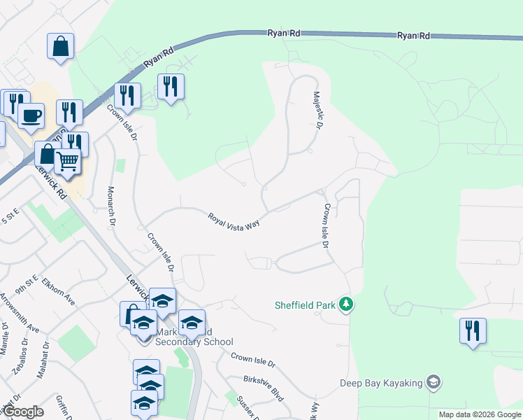 map of restaurants, bars, coffee shops, grocery stores, and more near 3186 Royal Vista Way in Courtenay