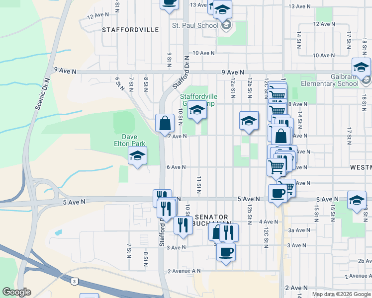 map of restaurants, bars, coffee shops, grocery stores, and more near 626 10 Street North in Lethbridge