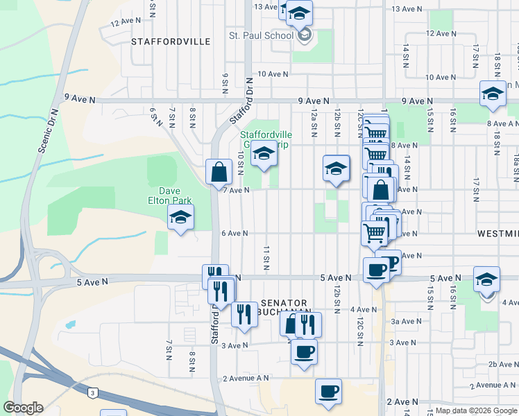 map of restaurants, bars, coffee shops, grocery stores, and more near 626 11 Street North in Lethbridge