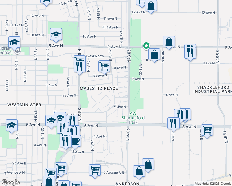 map of restaurants, bars, coffee shops, grocery stores, and more near 625 27 Street North in Lethbridge