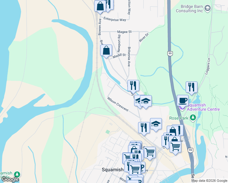 map of restaurants, bars, coffee shops, grocery stores, and more near 38468 Wilson Crescent in Squamish