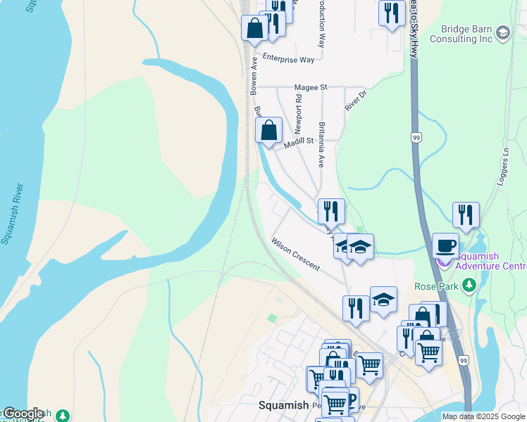 map of restaurants, bars, coffee shops, grocery stores, and more near 38455 Wilson Crescent in Squamish