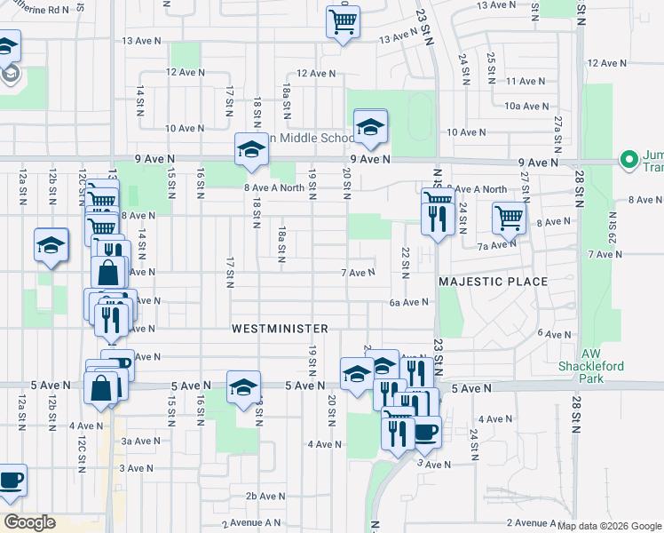 map of restaurants, bars, coffee shops, grocery stores, and more near 1915 7A Avenue North in Lethbridge