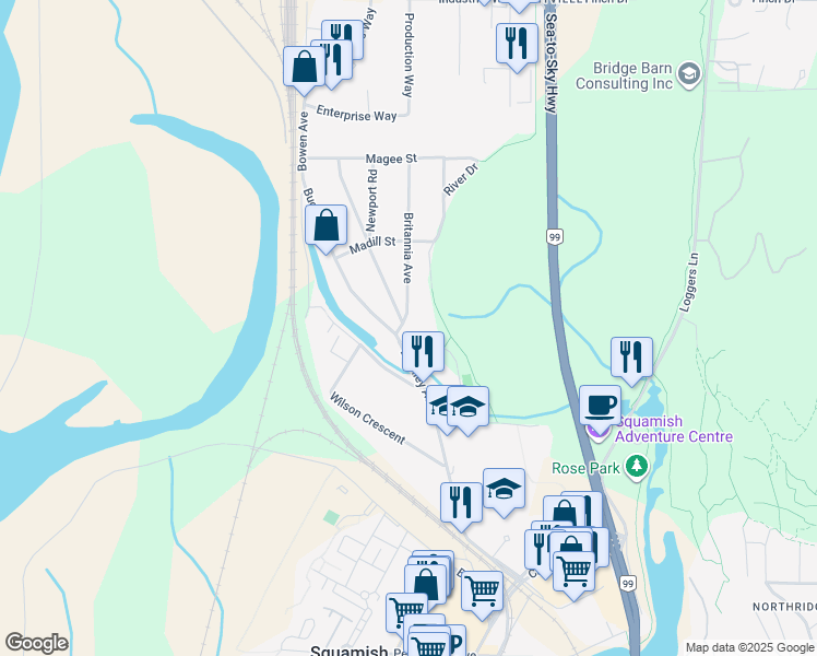 map of restaurants, bars, coffee shops, grocery stores, and more near 38684 Buckley Avenue in Squamish