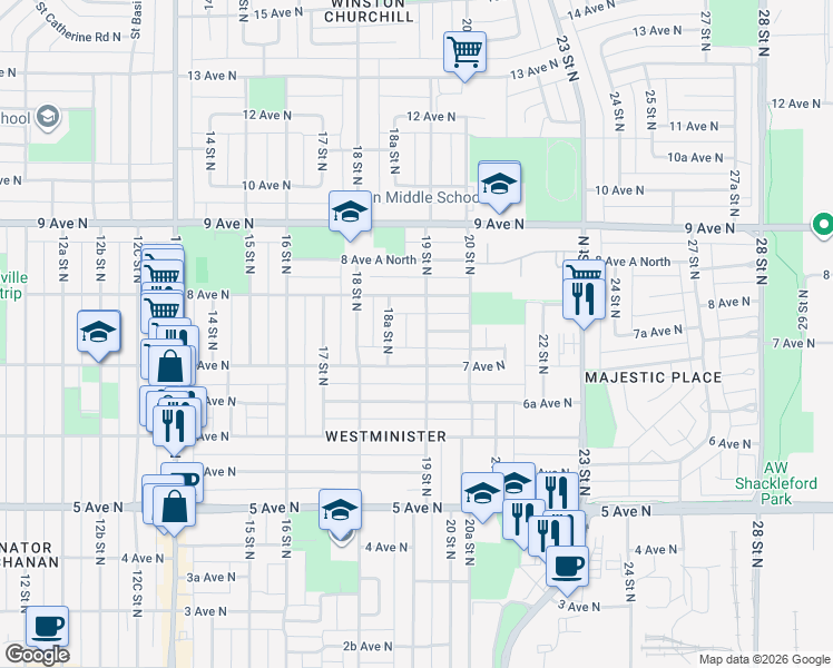 map of restaurants, bars, coffee shops, grocery stores, and more near 722 19 Street North in Lethbridge