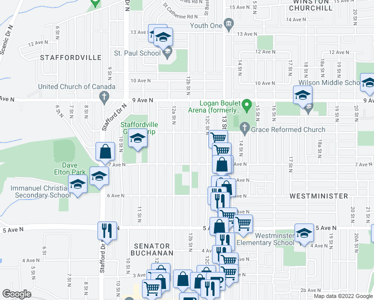 map of restaurants, bars, coffee shops, grocery stores, and more near 720 12B Street North in Lethbridge