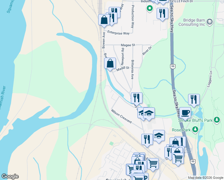 map of restaurants, bars, coffee shops, grocery stores, and more near 1008 McNamee Place in Squamish