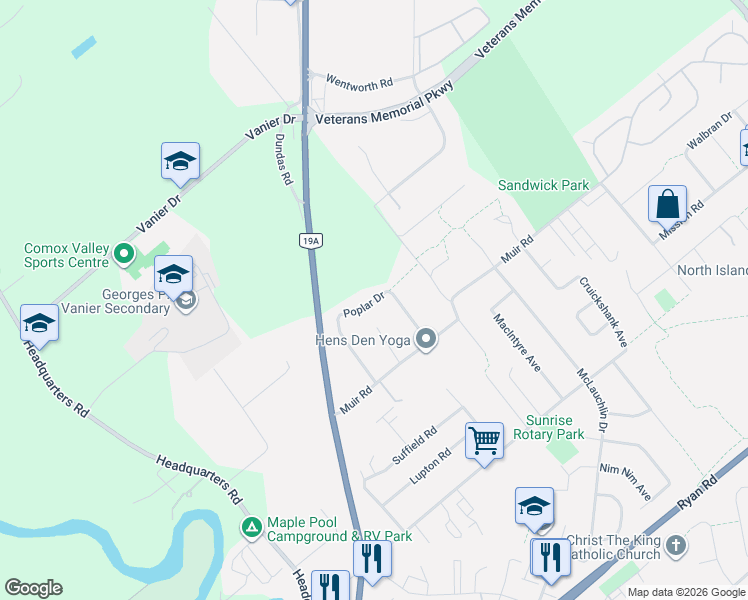 map of restaurants, bars, coffee shops, grocery stores, and more near 2897 Poplar Drive in Courtenay