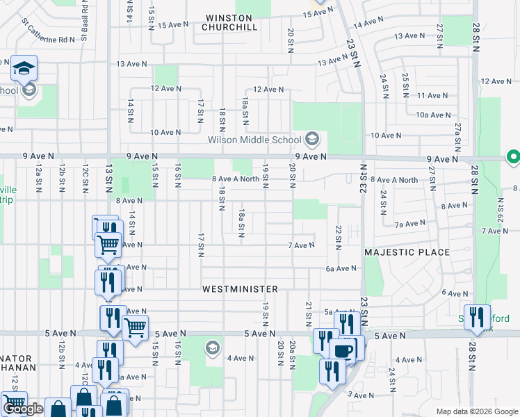 map of restaurants, bars, coffee shops, grocery stores, and more near 722 19 Street North in Lethbridge