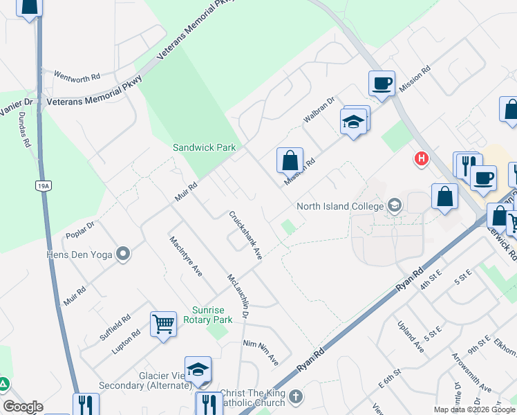 map of restaurants, bars, coffee shops, grocery stores, and more near 240 Carmanah Drive in Courtenay