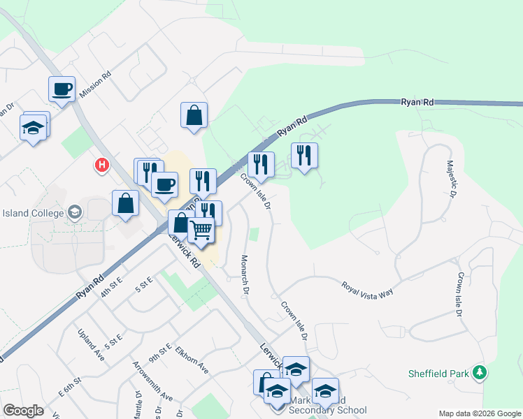 map of restaurants, bars, coffee shops, grocery stores, and more near 619 Crown Isle Drive in Courtenay
