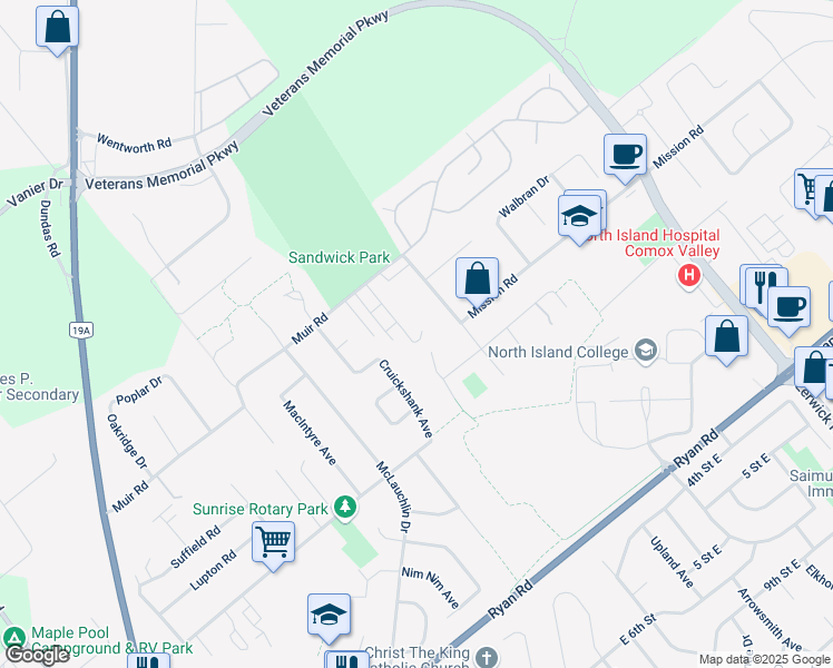 map of restaurants, bars, coffee shops, grocery stores, and more near 4686 Alderwood Place in Courtenay
