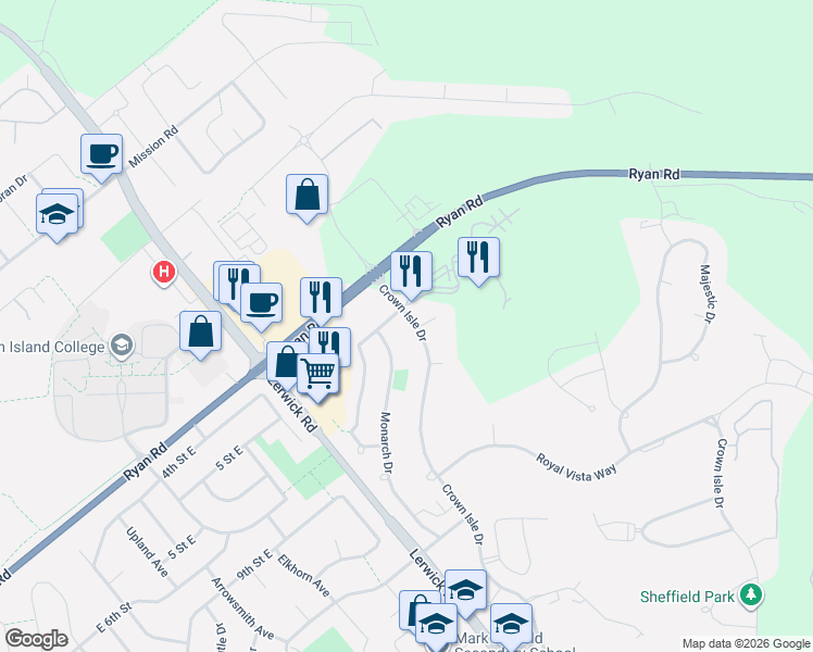 map of restaurants, bars, coffee shops, grocery stores, and more near 563 Crown Isle Drive in Courtenay