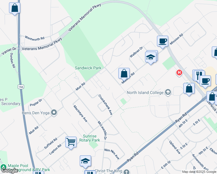 map of restaurants, bars, coffee shops, grocery stores, and more near 4686 Alderwood Place in Courtenay