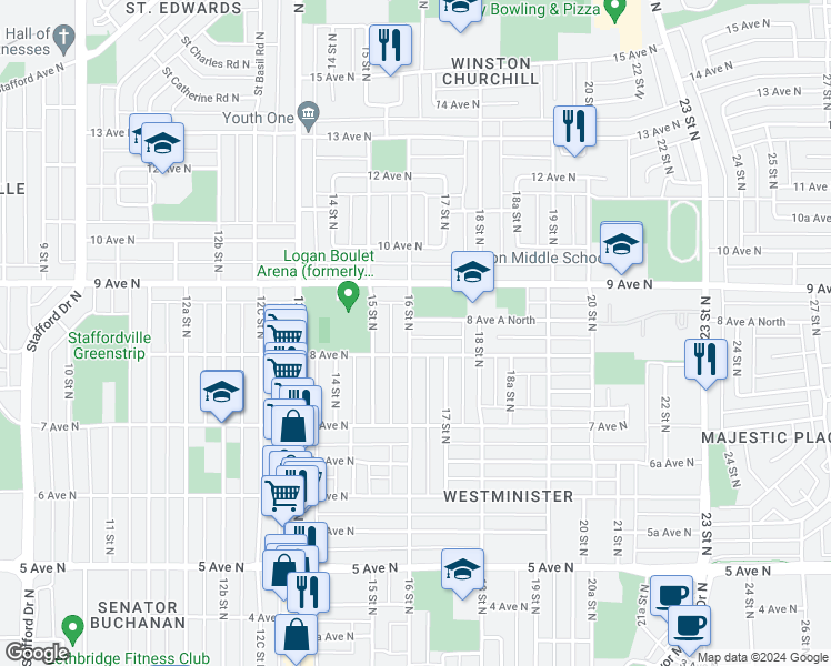 map of restaurants, bars, coffee shops, grocery stores, and more near 809 16 Street North in Lethbridge