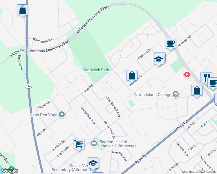 map of restaurants, bars, coffee shops, grocery stores, and more near 4695 Alderwood Place in Courtenay