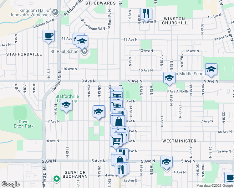 map of restaurants, bars, coffee shops, grocery stores, and more near 816 13 Street North in Lethbridge