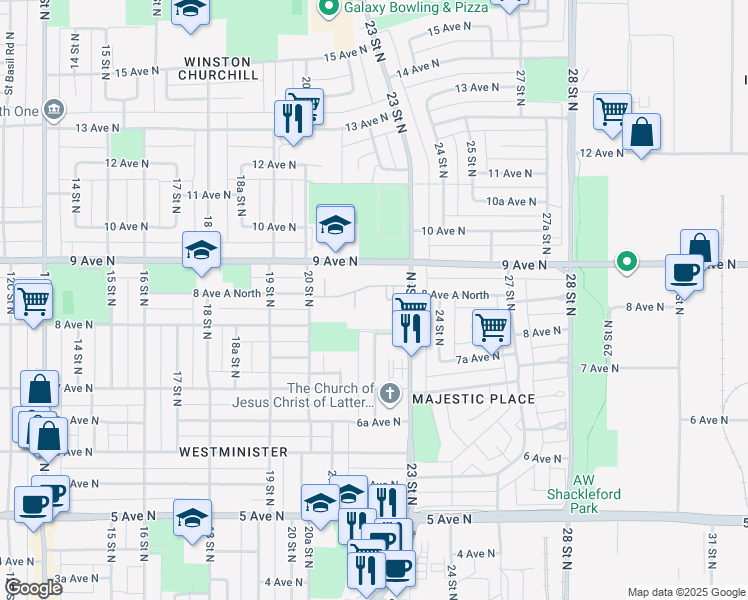 map of restaurants, bars, coffee shops, grocery stores, and more near 821 20 Street North in Lethbridge