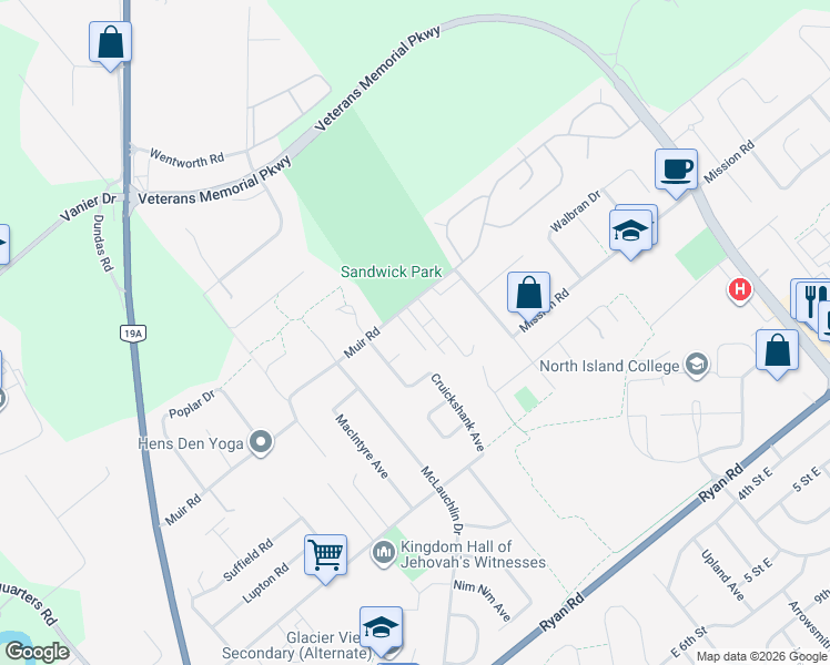 map of restaurants, bars, coffee shops, grocery stores, and more near 4695 Alderwood Place in Courtenay